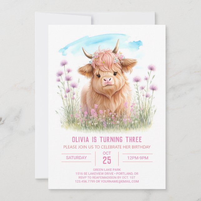 Invitation Enchanter Highland Cow Girl Anniversaire Invitatio (Devant)