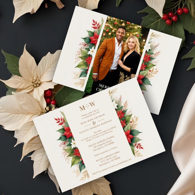 Invitation Enchanter Holly & Christmas Poinsettias Photo (Enchanting Holly Branches & Christmas Poinsettias Flowers Photo Faux Golden Wedding Invitations Card)