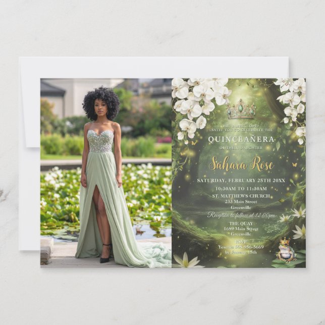 Invitation Enchanting Princess & Frog Green Quinceañera Photo (Devant)