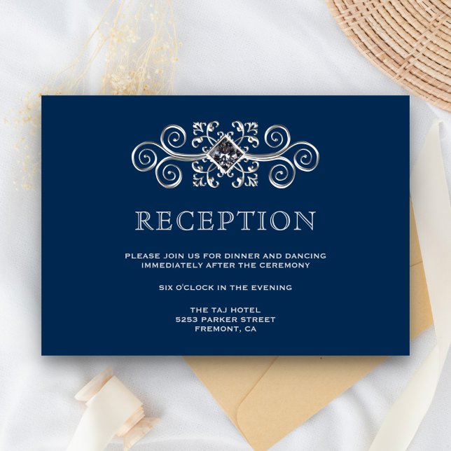 Invitation Enclosure de réception Navy Blue Silver Flourish (Créateur téléchargé)