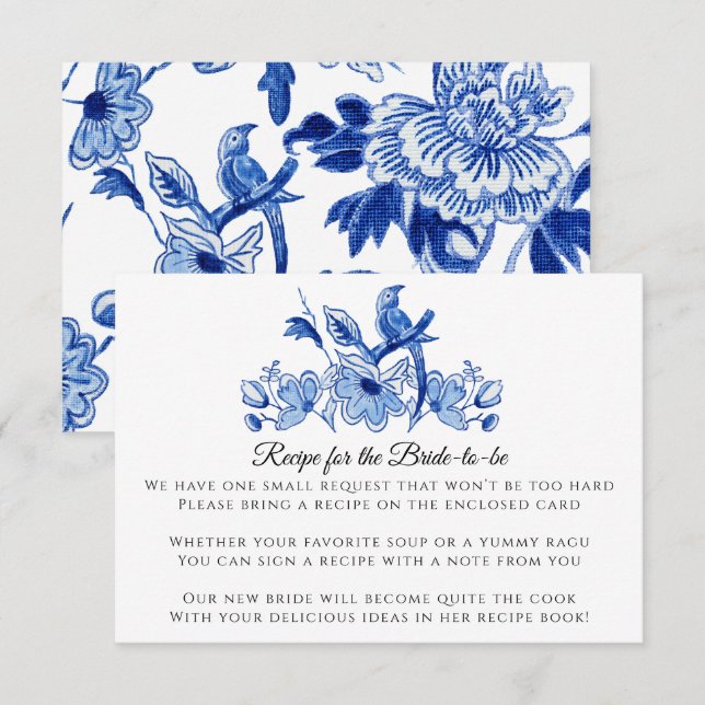 Invitation Enclosure de recette florale oiseau chinois bleu b (Devant / Derrière)