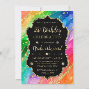 Invitation Encre à alcool pailletée arc-en-ciel et or pour 21