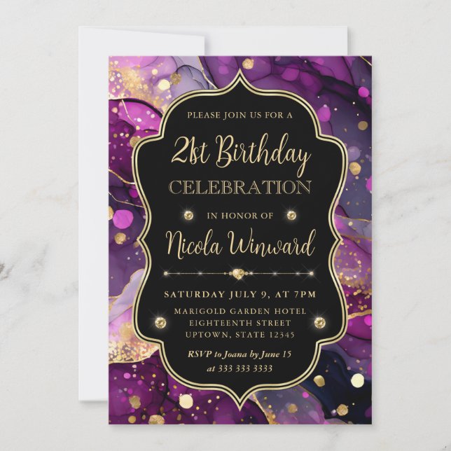 Invitation Encre à alcool pailletée violette et or pour 21e a (Devant)