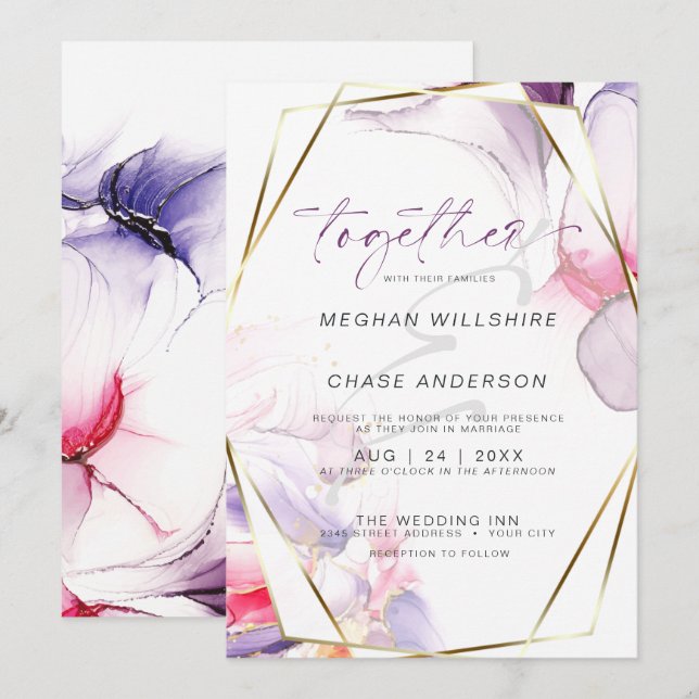 Invitation Encre à eau aquarelle fluide alcool rose lilas cra (Devant / Derrière)