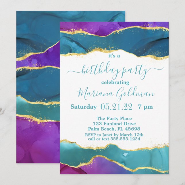 Invitation Encre Abstraite Fuchsia Rose Turquoise or fête d'a (Devant / Derrière)