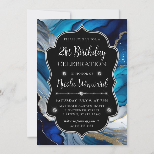 Invitation Encre Alcool Bleu, Argent et Or 21e Anniversaire (Devant)