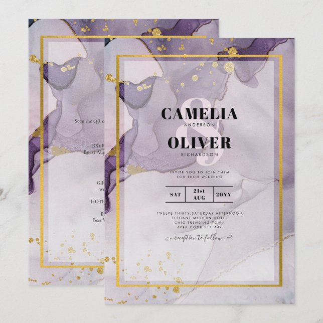Invitation Encre alcoolique abstraite de mariage violet pouss (Devant / Derrière)