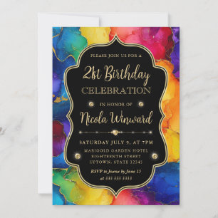 Invitation Encre alcoolique arc-en-ciel et paillettes dorées 