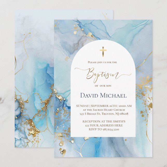 Invitation encre alcoolique bleu baptême (Devant / Derrière)