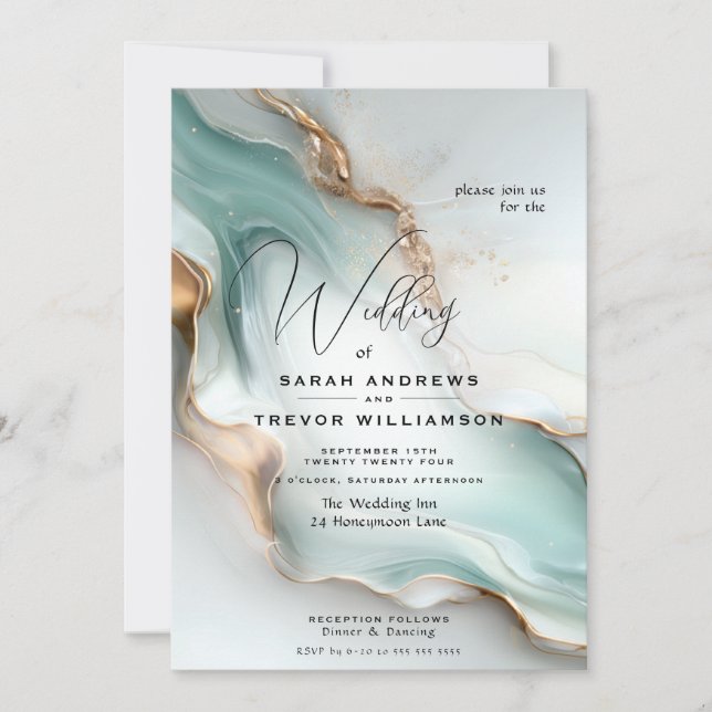 Invitation Encre alcoolique fluide Luxe Opale Sarcelle Or (Devant)