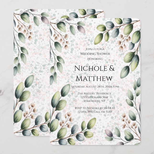 Invitation Encre Alcoolique Mariage Eucalyptus Blush (Devant / Derrière)