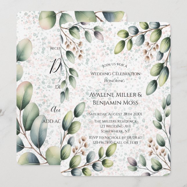 Invitation Encre Alcoolique Mariage Eucalyptus Blush (Devant / Derrière)