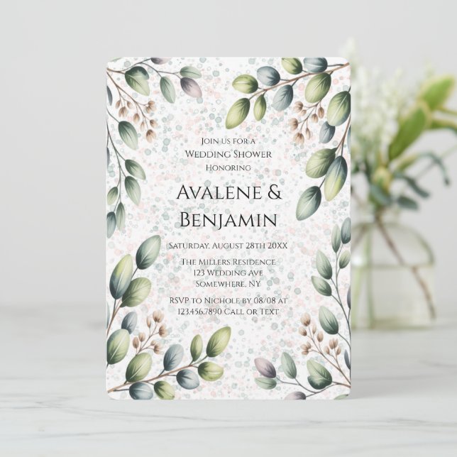 Invitation Encre Alcoolique Mariage Shower Eucalyptus Blush (Debout devant)