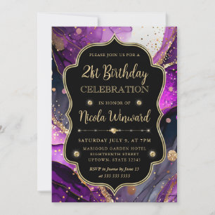 Invitation Encre alcoolique pailletée violette et dorée 21e a