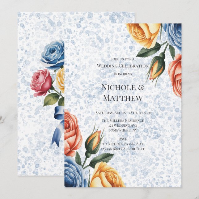 Invitation Encre Alcoolique Roses Bleu Orange Célébration de  (Devant / Derrière)