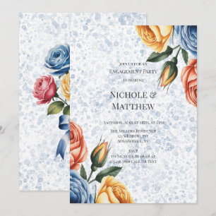 Invitation Encre Alcoolique Roses Bleu Orange Fête de Fiançai
