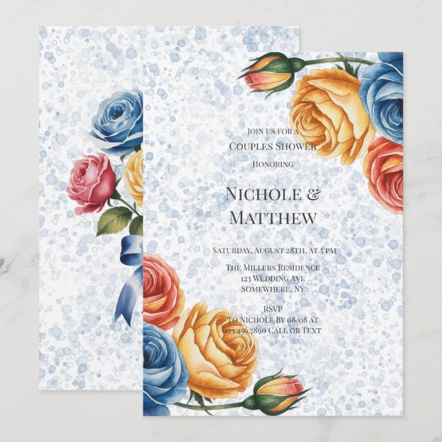 Invitation Encre Alcoolique Roses Bleu Orange Shower de Coupl (Devant / Derrière)