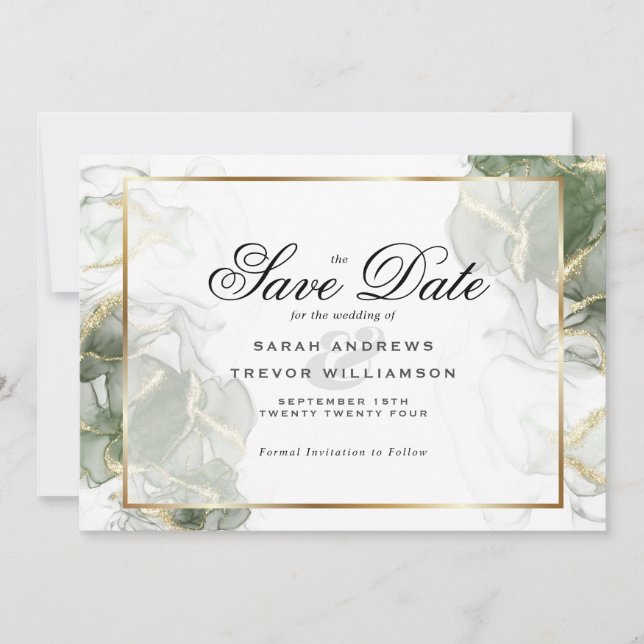 Invitation Encre Alcoolique Vert Sauge Élégant et Or (Devant)