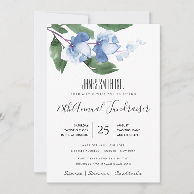 INVITATION ENCRE BLEU VERT AQUARELLE FLEUR ÉVÉNEMENT D'ENTREP (Devant)