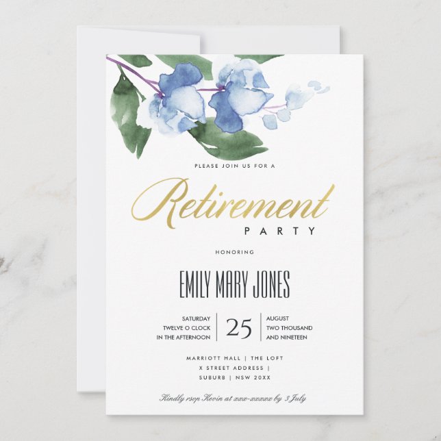 INVITATION ENCRE BLEU VERT LAVIS AQUARELLE FLEURAL RETRAITE (Devant)