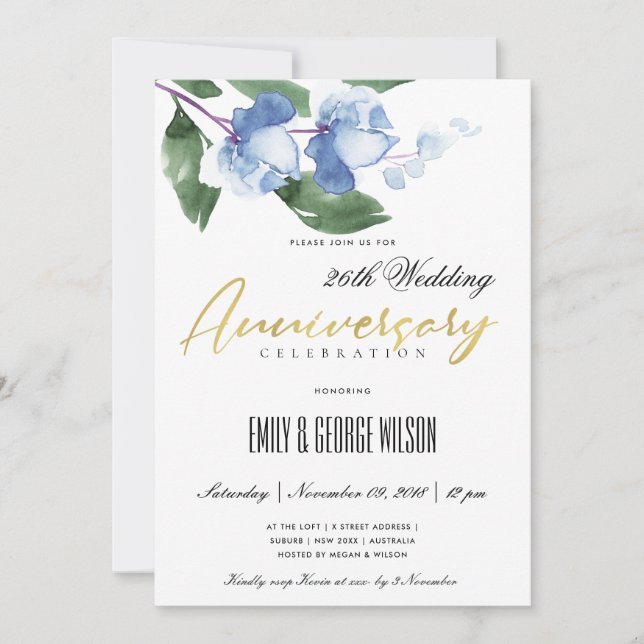 INVITATION ENCRE BLEU VERT LAVIS AQUARELLE FLORAL ANNIVERSAIR (Devant)