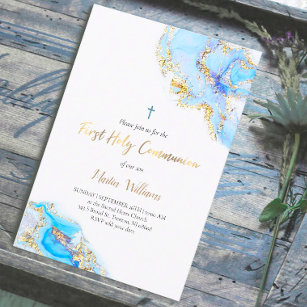 Invitation encre bleue pastel   Première sainte communion