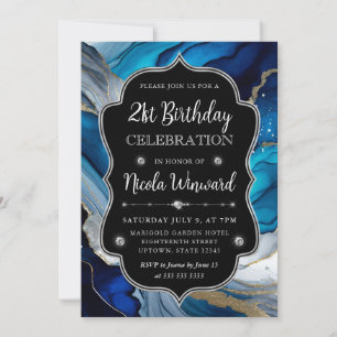Invitation Encre d'alcool bleu, argent et or 21e anniversaire