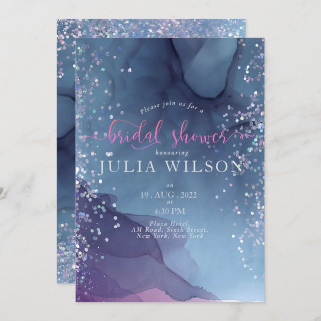 Invitation encre d'alcool bleu et violet avec mystique de par (Devant / Derrière)