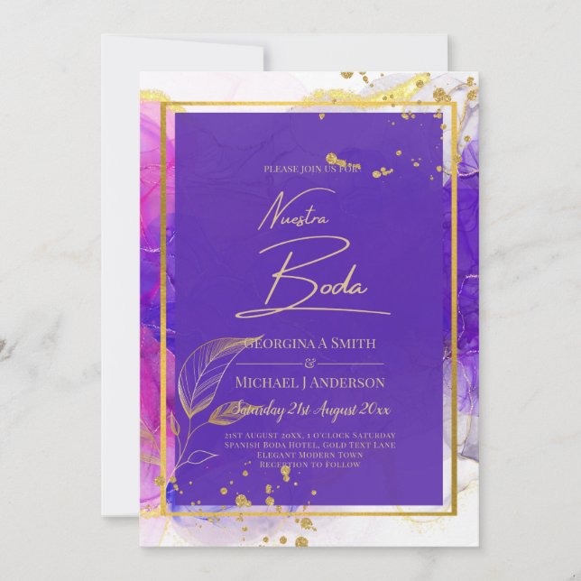 Invitation Encre d'alcool Mariage violet intense en or rose (Devant)