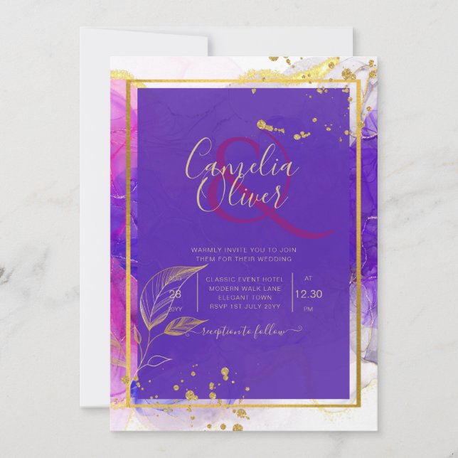 Invitation Encre d'alcool Mariage violet intense en or rose (Devant)