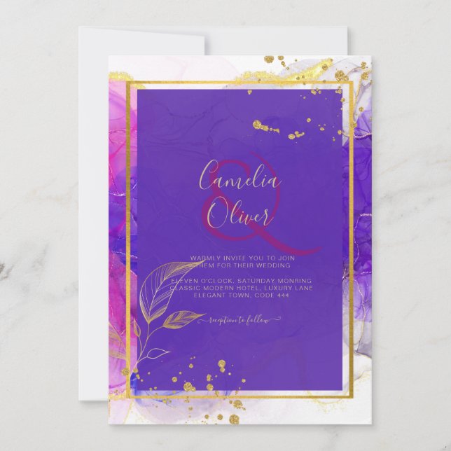 Invitation Encre d'alcool Mariage violet intense en or rose (Devant)
