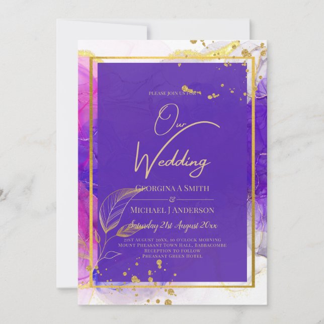 Invitation Encre d'alcool Mariage violet intense en or rose (Devant)