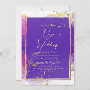 Invitation Encre d'alcool Mariage violet intense en or rose