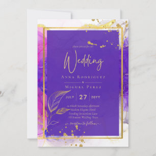 Invitation Encre d'alcool Mariage violet intense en or rose
