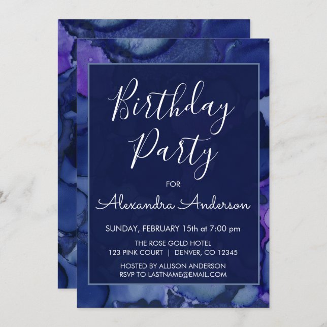 Invitation Encre d'aquarelle bleu et violet n'importe quel âg (Devant / Derrière)