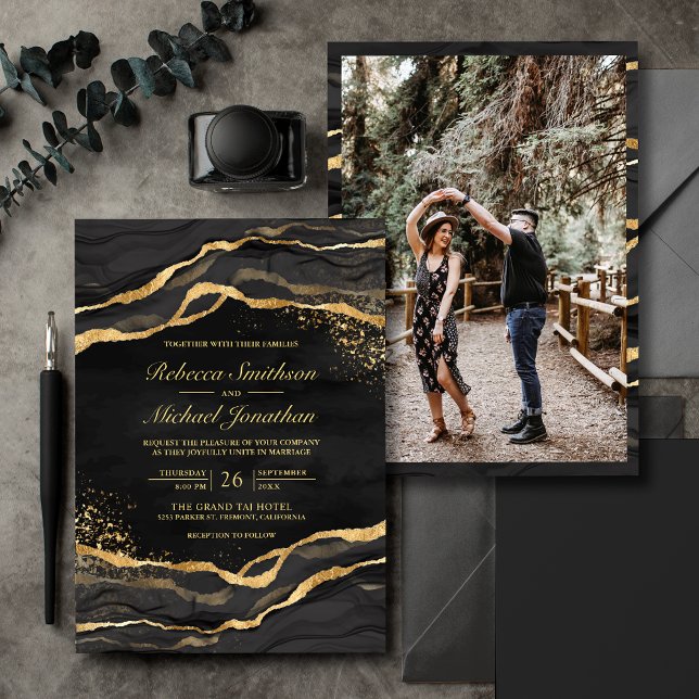 Invitation Encre fluide d'or noir Photo Mariage (Créateur téléchargé)