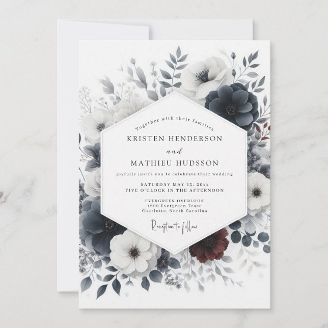 Invitation Encre lavée bleue poussiéreuse Fleurs de mariage (Devant)