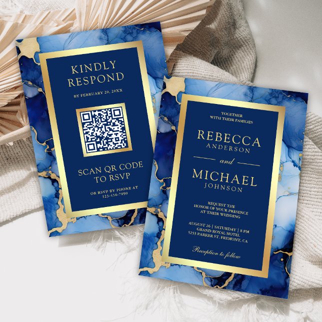 Invitation Encre Liquide Or Bleu Royal Code QR Mariage (Créateur téléchargé)