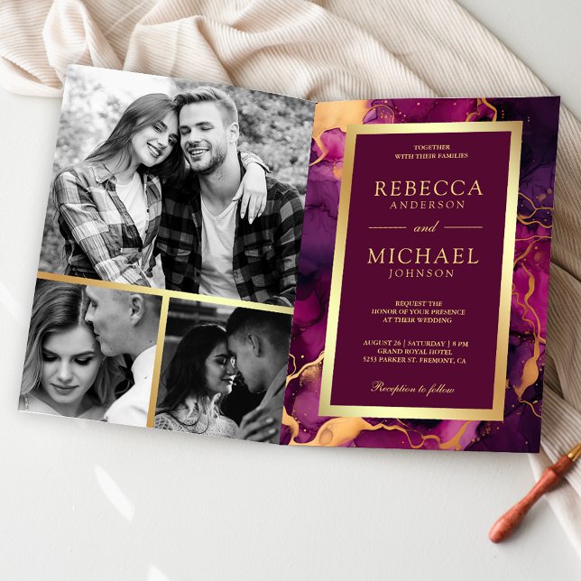 Invitation Encre Liquide Or Violet Prune Code QR Mariage (Créateur téléchargé)