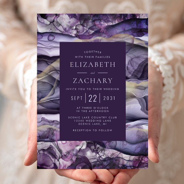 Invitation Encre Liquide Violette Élégante Mariage Or (Créateur téléchargé)