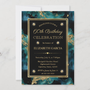Invitation Encre Pailletée Élégante Sarcelle et Or 60e Annive