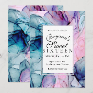 Invitation Encre Rose Violet Turquoise Ethéré Moderne Glamour