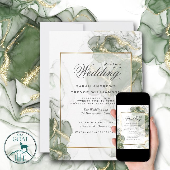 Invitation Encre verte sauge discrète or de mariage (Créateur téléchargé)