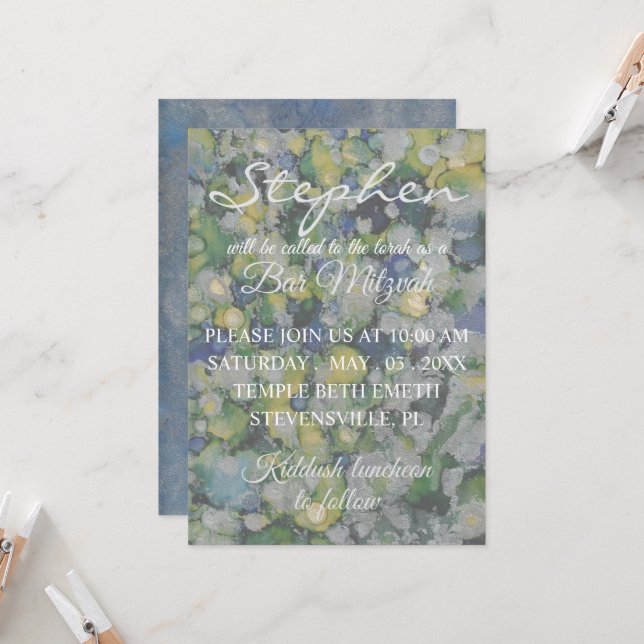 Invitation Encres colorées Bar Mitzvah (Devant/Arrière en situation)