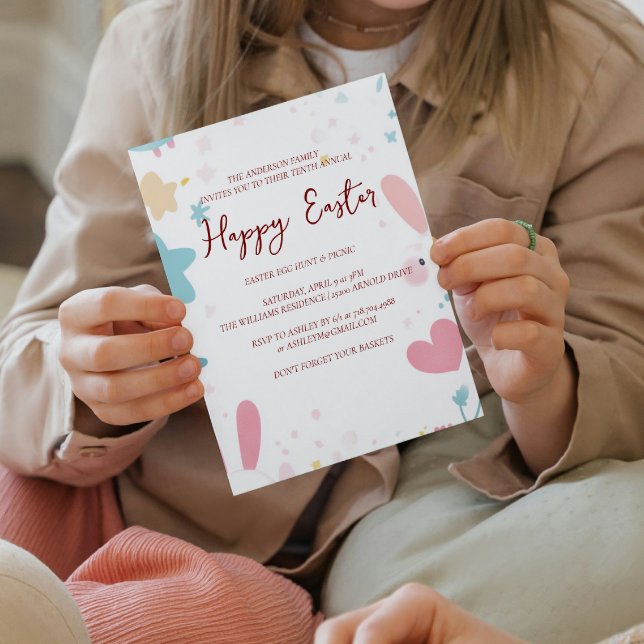 Invitation Encres de lapin et fleurs heureux Pâques (Créateur téléchargé)