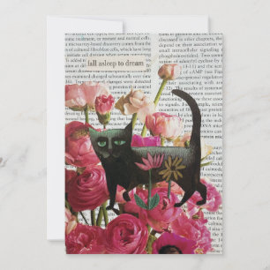Invitation Endormez-vous pour rêver Chat noir Fleurs roses ch