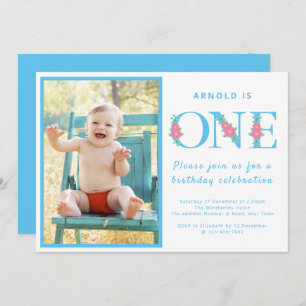 Invitation Enfant 1er Anniversaire Fête Photo Bleue