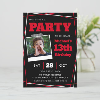 Invitation Enfant anniversaire 13/N'importe quel âge, rouge n