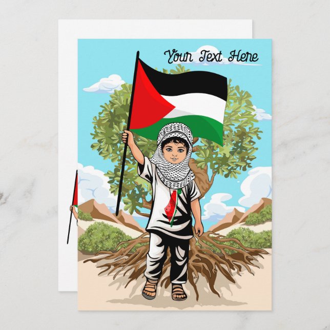 Invitation Enfant avec Keffiyeh Palestine Drapeau et olivier (Devant / Derrière)