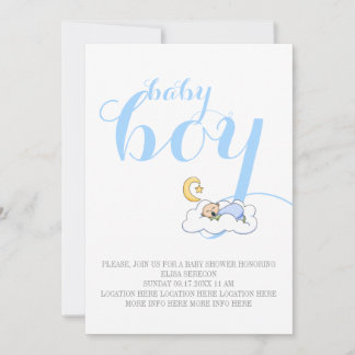 Invitation Enfant bébé en sommeil douche bleu texte minimum